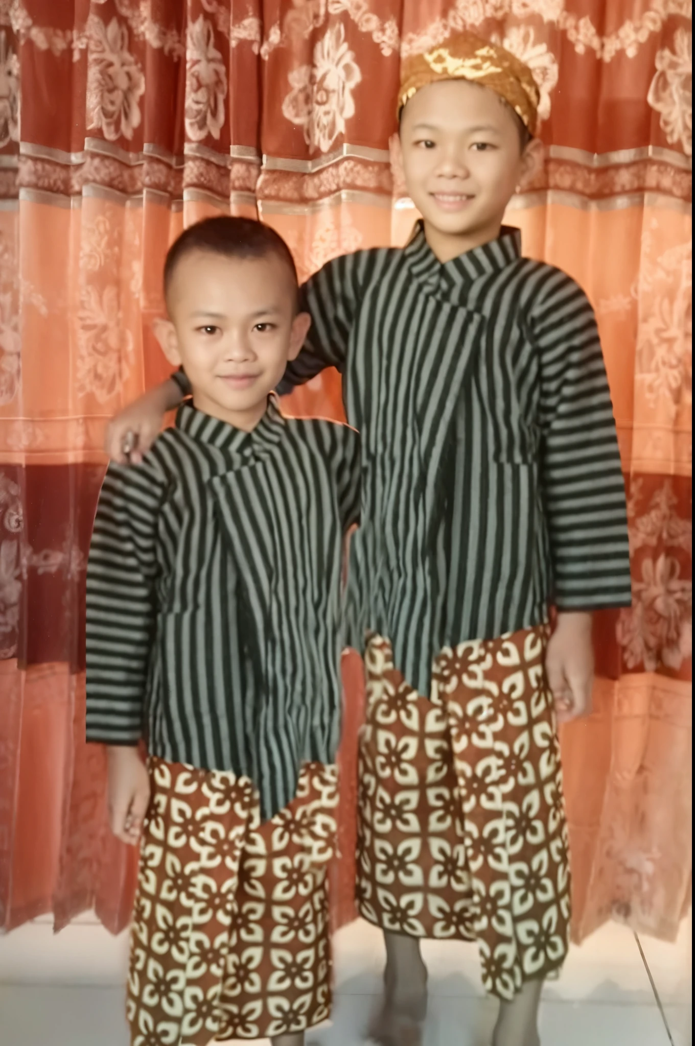 two young boys in matching outfits standing next to each other, old picture, wearing authentic attire, traditional clothes, traditional dress, twins, wearing traditional garb, with a twin, potrait, traditional clothing, kuntilanak, sukhothai costume, inspired by I Ketut Soki, identical picture, protrait, by I Ketut Soki, batik, cinematic lighting, Sony FE GM, 8k, high quality
