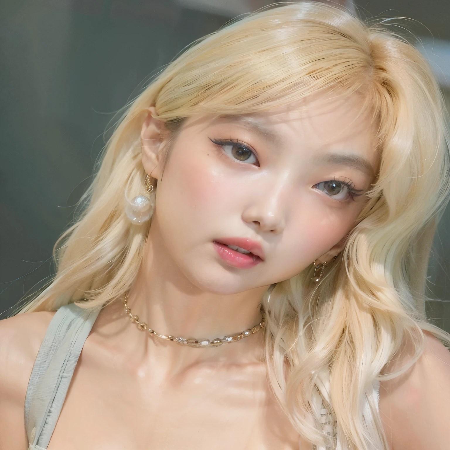 un primer plano de una mujer con cabello rubio que lleva un collar, Jinyoung Shin, Lalisa Manobal, Parque Roseanne de Blackpink, maquillaje popular de Corea del Sur, maquillaje coreano popular, Kim Doyoung, ulzzang, Heonhwa Choe, cabello rubio y ojos grandes, flequillo blanco, Sun Yunjoo, Lalisa Manoban de Blackpink