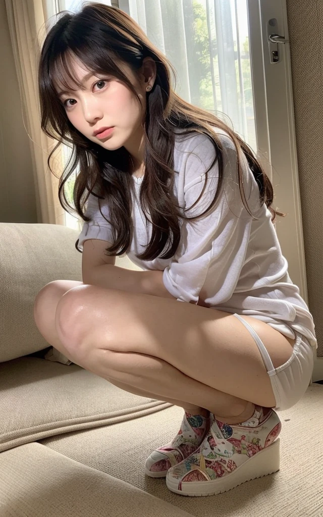 (8K、top-quality、masterpiece:1.2)、(reallistic、フォトreallistic:1.2)(ultra-detailliert、hight resolution), ultra-detailliertかわいい女の子, (Realistic:1.2),(Brown eyes:1.3), Lafed Girl, chiho, iwakura lain, クローズアップiwakura lain, With short hair, Shiori Teshirogi, Kotegawa Yui, 23years old, blush, Parted lips, , (Luxury underwear,There is silk underneath the front....) ,Half body shot , bed , Squat, (Negative Prompt)