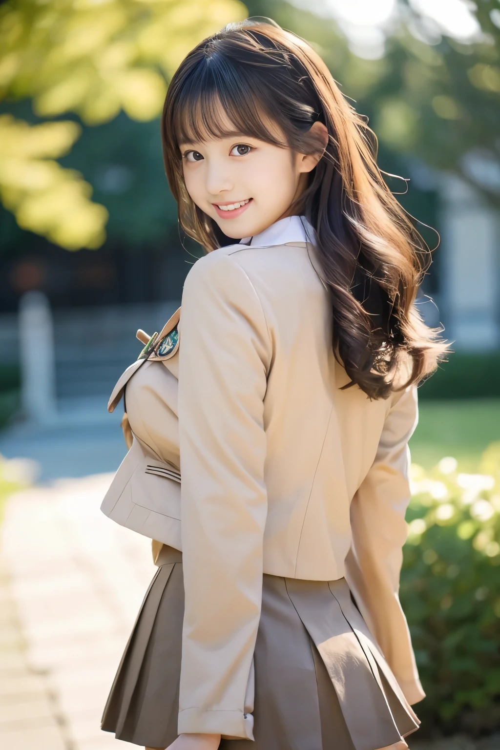 (((masterpiece))), (One beautiful Japan girl, classmates, Innocence,kawaii) ,超A high resolution, Realistic, ultra-detailliert, 8K,top-quality, Extremely detailed, Detailed background,A slender,very beautiful japanese girl, Detailed face:1.3), (Hair fluttering in the wind,A dark-haired :1.4), (a baby face,kawaii系,adorable 14 year old girl), (Perfect body:1.1), (Brown blazer, Light brown pleated mini skirt), Provocative smile,Show your beautiful teeth,Super Detailed Face、Detailed lips、A detailed eye、small gravure idol,Transparent skin、Lori,Japanese high school uniform with the school emblem on the chest、sexy pose,Focus on the buttocks,Looking back,Skirt flips up、You can see cute panties
