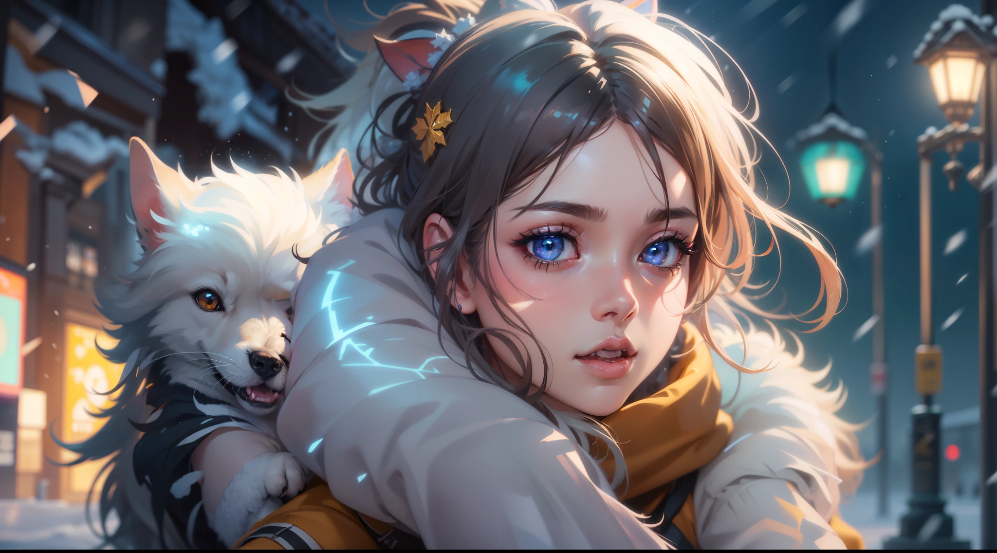 full body portrait of a photo realistic beautiful girl, 1 girl, facing forward, waifu, flowing hair, short modern winter clothing, big beautiful flirtateous open eyes, standing straight, cinematic lighting, winter snow holiday setting, highly detailed, digital painting, trending on artstation, pixiv, concept art, sharp focus, illustration, art by ross tran and wlop, Glowing eyes, Best quality, good lighting, large breasts with cleavage, seductive face, Masterpiece, highres,sharp focus,(ultra detailed,extremely detailed),(photorealistic artwork:1.37),(extremely detailed CG unity 8k wallpaper),(((vibrant colors,vibrant theme))),(intricate),(masterpiece),(best quality), girl is playing with a cute small dog
