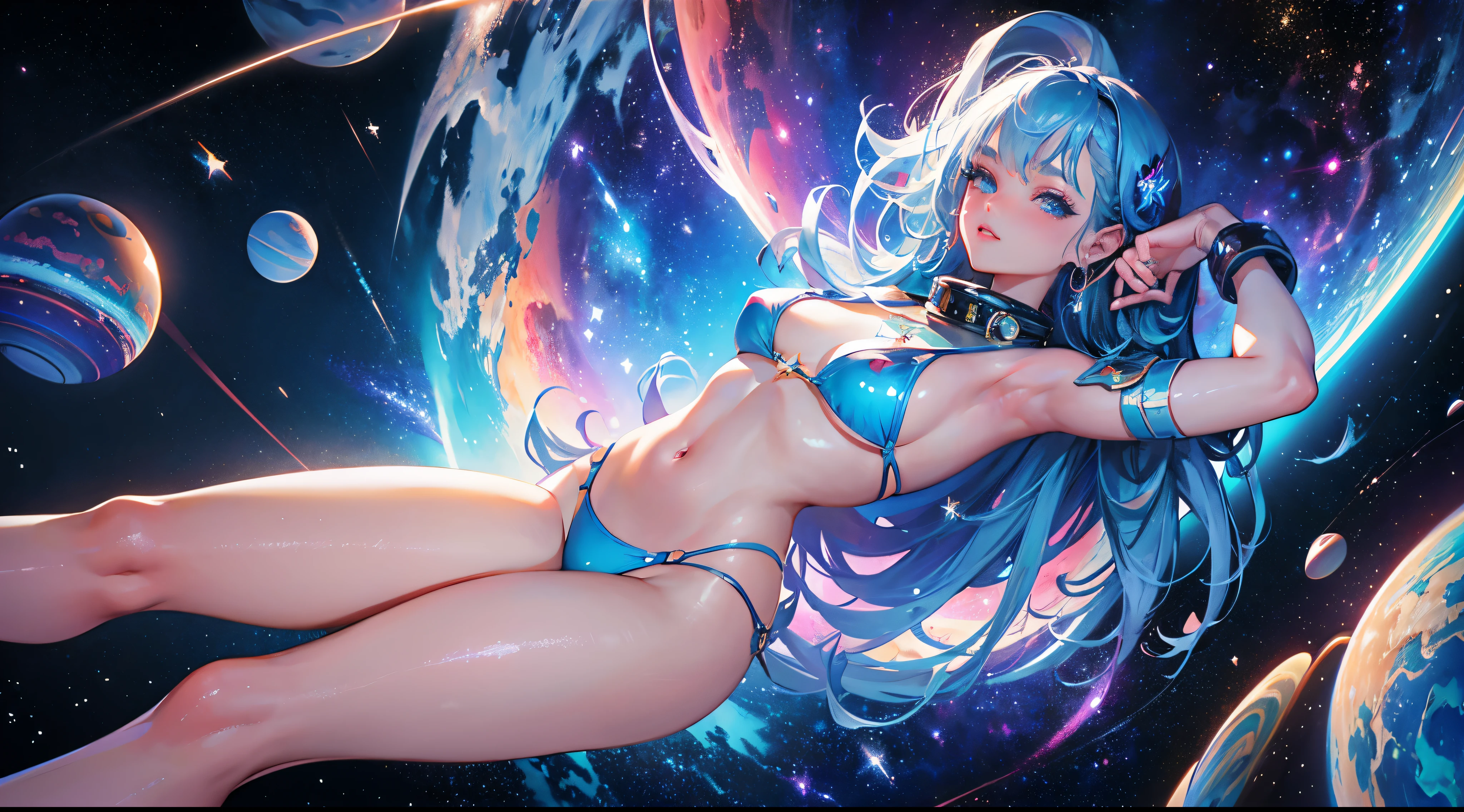 masterpiece, highest quality, (very detailed), the most beautiful artwork in the world, (1woman), pinup model, sexy, micro bikini, floating in space, 1planet, stars, (vivid colors), nebula, space dust, sci fi, space