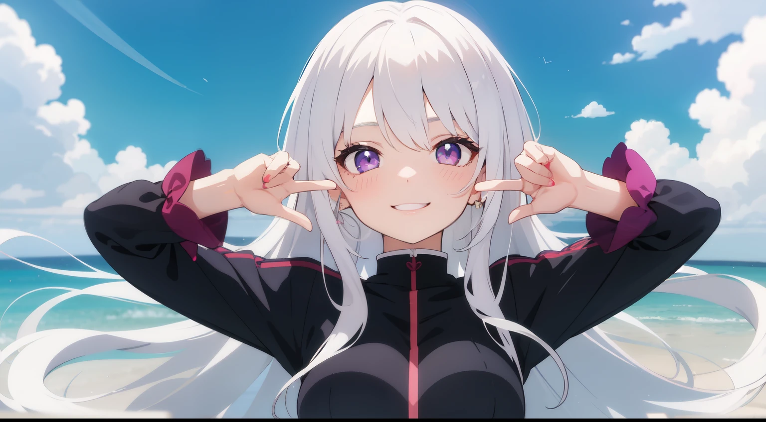 A girl with a beautiful smile, photo taken from afar, white hair, making a heart with her hands, bright violet eyes like anime, 2D anime