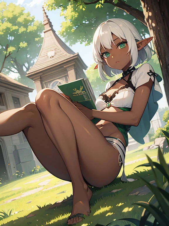 Short haired elf girl, Green eyes, dark skin, white hair