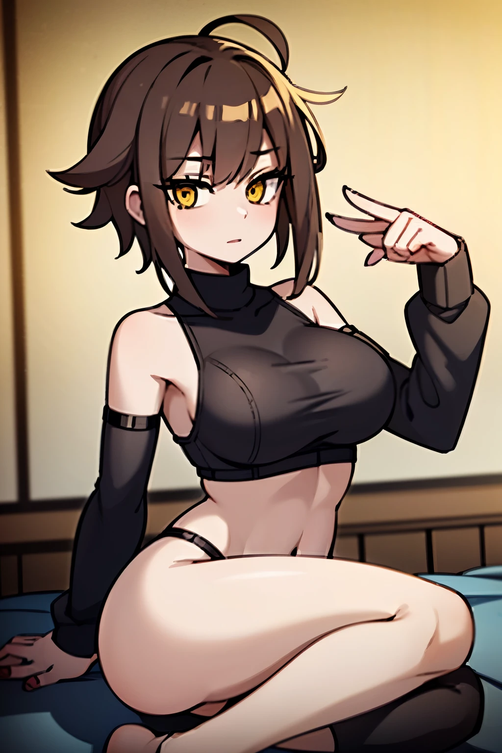 short (messy hair) (masterpiece), best quality perfect face beautiful girl, feminine, defined curves, cinematic, aesthetic, shadows, gorgeous, amazing, cute girl (busty) medium breasts (perky) (large ass) (bubble butt) barefoot, brown hair, detached sleeves bare shoulders, defined abdomen, sleeveless (thick thighs), (masterpiece), best quality, expressive eyes, (yellow eyes:1.3) ringed eyes, white sweater, turtleneck sweater, sideboob, black jacket, tight black shorts