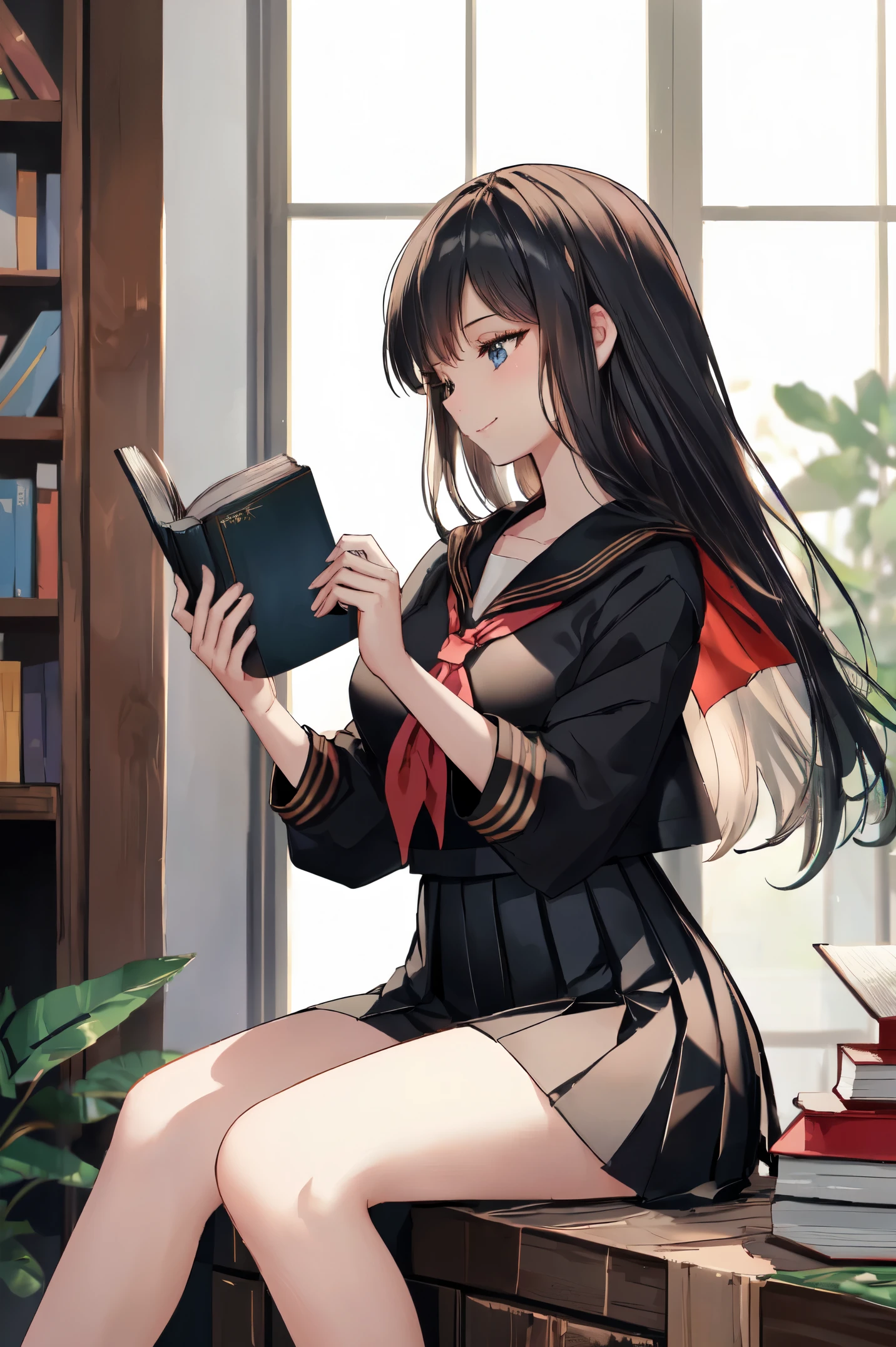 8k, (ultra-detailed:1.3, master piece:1.3, best quality:1.3, high resolution:1.3), 18year old, High school students, 1 person, a girl, beautiful face, large and beautiful breasts, Blue eyes, eyes in highlight, catch light eyes, specular highlight eyes, BREAK (long hair, black hair), (black sailor suit:1.3), (Black pleated skirt, Separated uniforms), BREAK (red neckerchief), BREAK collarbone, (side view, Sitting, laugh a little, put a book on leg, looking away), (smile with your mouth closed:1.2), (staring at a book:1.5), half closed eyes,