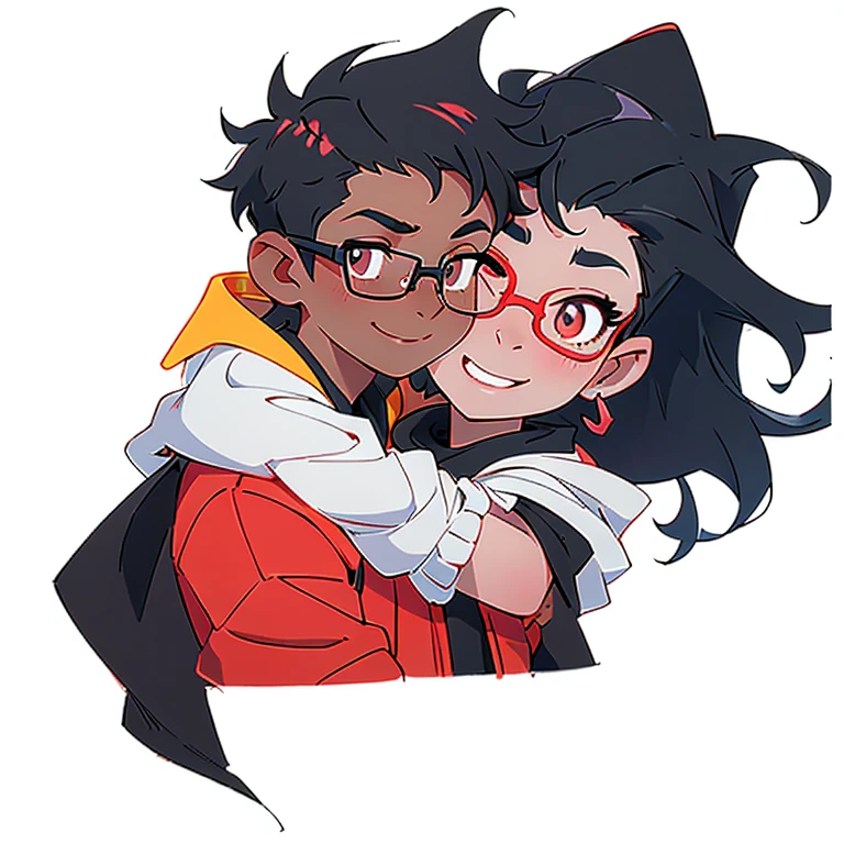 boy smiling, curly hair, short hair, glasses, white skin, looking in the mirror, black and white colors, boy
nose and mouth of a black person,
small golden piercings in the ears, with side-shaved hair,
half Brazilian and half black, 18 years old, looking younger,
dark hair, hugging his Brazilian girlfriend, half Asian, half Brazilian, white skin, defined body, long straight black hair, with bangs on the forehead, round glasses, wearing a red jacket, with a communist symbol on the shoulder, half Asian eyes, smiling.