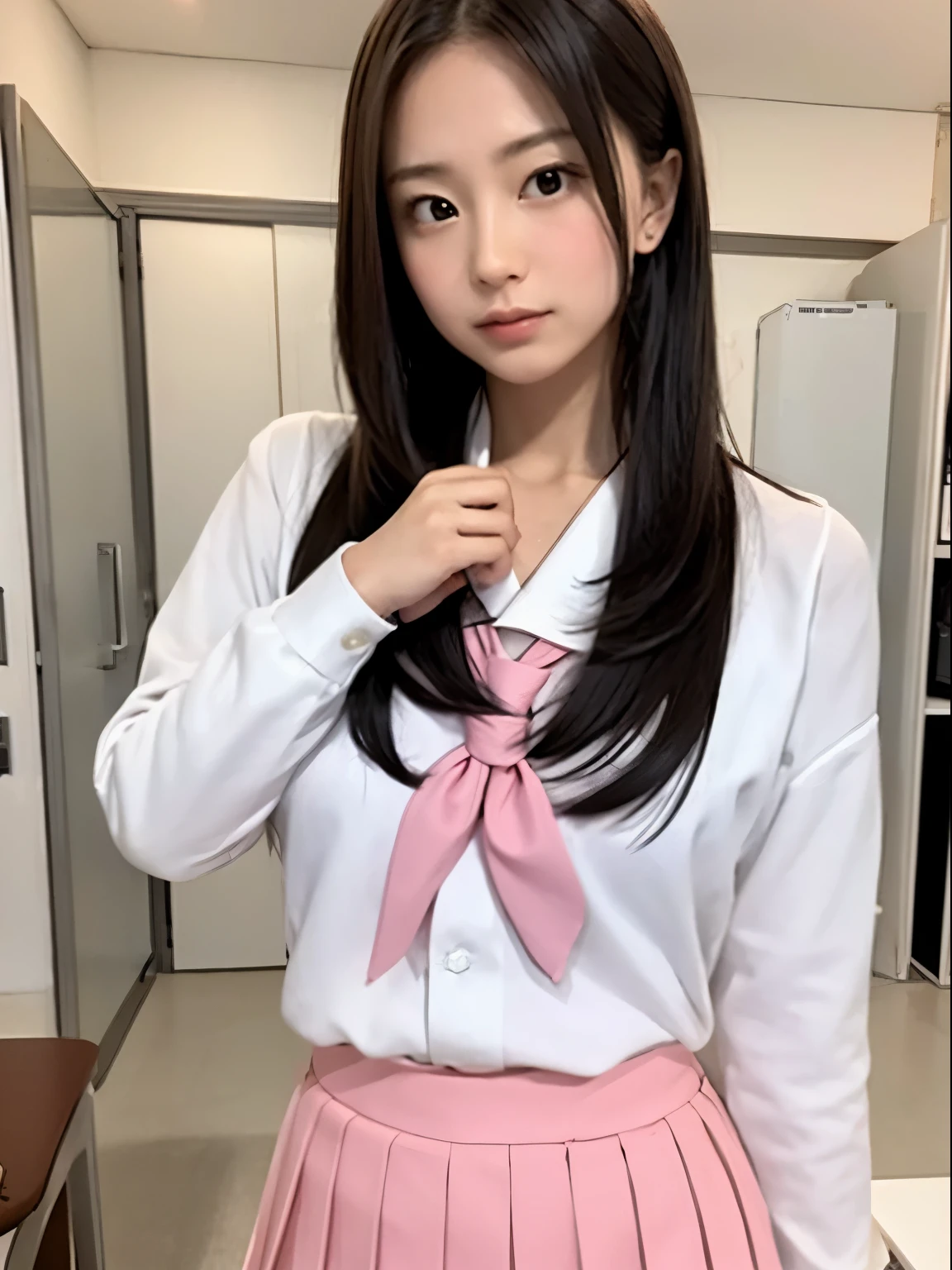 japanaese girl、 Girls、perfect body type、discreet breasts、School uniform, serafuku, Pleated skirt, Sailor collar, White shirt、Pink tie、Pink skirt、white shirt、hposing Gravure Idol、Seductive smile,crass room,
