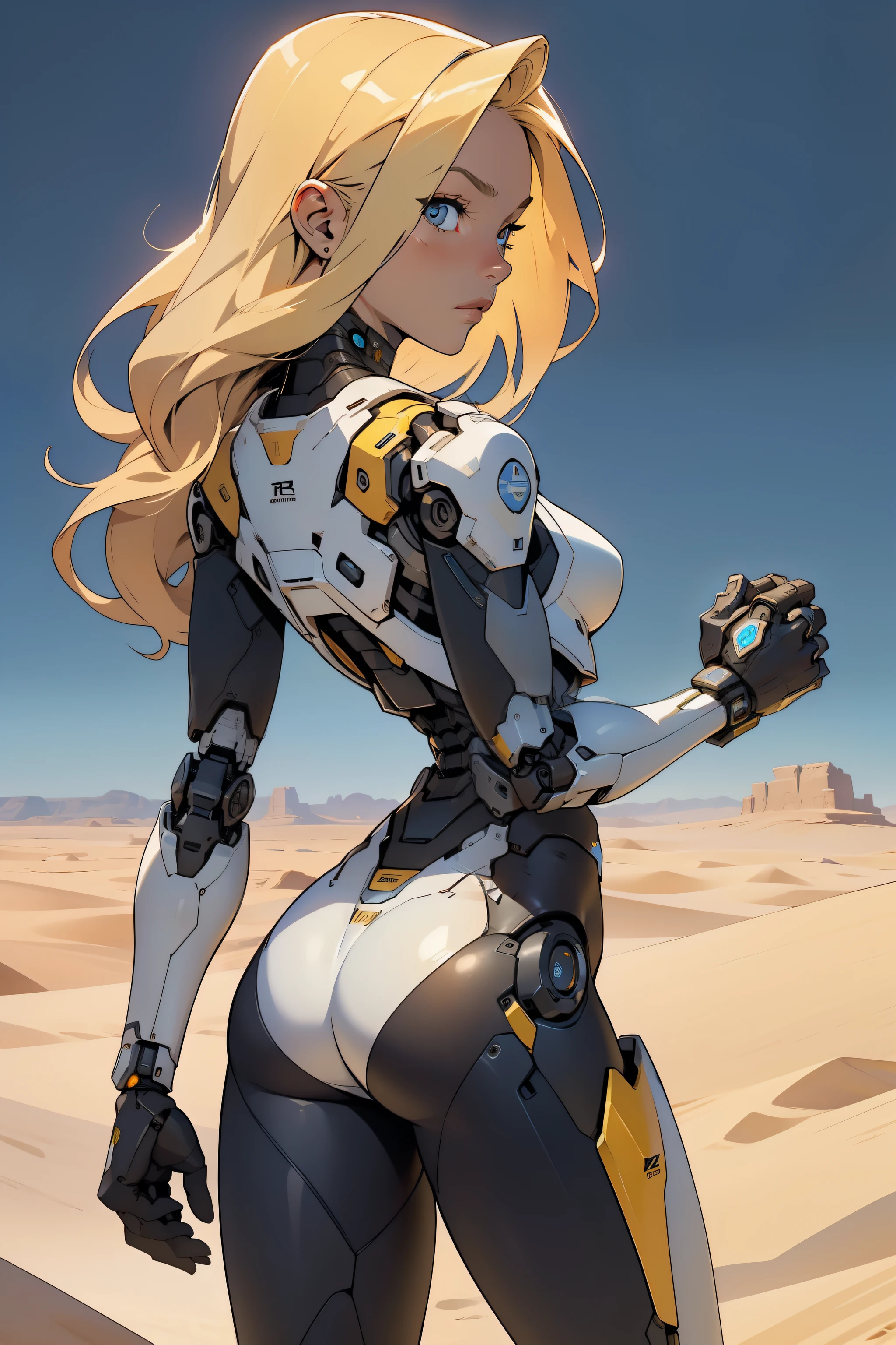 high quality, 4k, masterpiece, beautiful, cyborg girl, cowboy shot, dull eyes, back side, turning around to look at viewer, long blonde hair, girl, small breasts, fit thigh, robotic arms, robotic body, cyborg body, yellow accent, redaccent, intricate detail, joint, detailed lines, robotic detail, holding fist up, holding hand up as fist, color robotic parts, robotic parts with color, perfect fingers, on a desert planet, sunny background, colorful desert,