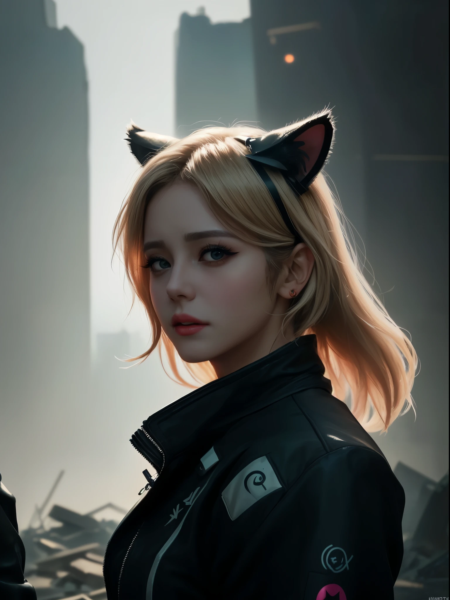 (Open eyes, looking at viewer:1.2), 1girl, blond hair,  cat_ears, animal_ears, solo, dark_skin, tan_skin, foggy neon futuristic,  summer jacket, sakura falling, portrait style, looking_at_viewer, cinematic lighting,  eyeliner, makeup, emotional,  highly detailed, wide shot, sharp focus, ring light, rim lighting, octane render, ring light, rim lighting, nvinkpunk, samdoesarts, A couple of superhero woman looking each other in love between a battle scene, marvel like, standing at the ruined city, depth of field, cinematic, jisoobp1,