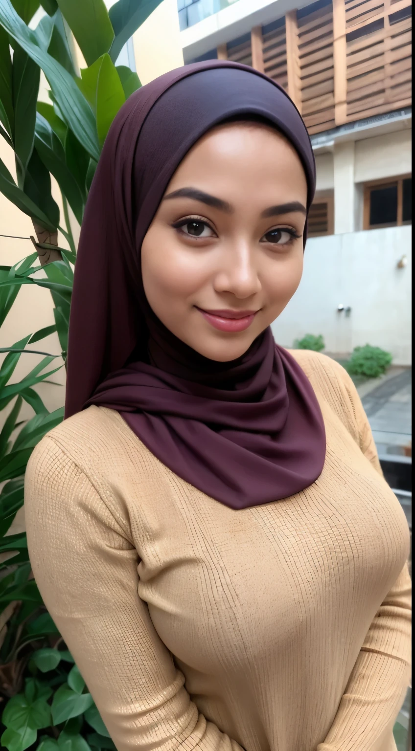 RAW, Best quality, high resolution, masterpiece: 1.3), beautiful Malay woman in hijab,Masterpiece, perfect fit body, ((Huge breast)), biggorgeous eyes, Soft smile,muslim woman in a plain long sleeve shirt and hijab posing for a picture, hijab, with lovely look, with beautiful colors, with accurate face, pose 4 of 1 6, traditional beauty, batik, wearing beautiful clothes, beutifull, with beautiful exotic, attractive pose, cute pose, scarf, wearing plain chiton, very attractive , she is smiling,Delicate turtleneck, necklace, shairband, afternoon walk, City garden, Excellent lighting, Bright colors, Clean lines