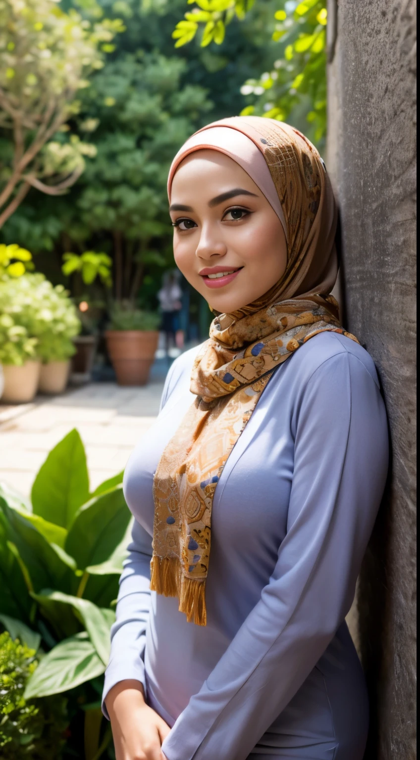 RAW, Best quality, high resolution, masterpiece: 1.3), beautiful Malay woman in hijab,Masterpiece, perfect fit body, ((Huge breast)), biggorgeous eyes, Soft smile,muslim woman in a plain long sleeve shirt and hijab posing for a picture, hijab, with lovely look, with beautiful colors, with accurate face, pose 4 of 1 6, traditional beauty, batik, wearing beautiful clothes, beutifull, with beautiful exotic, attractive pose, cute pose, scarf, wearing plain chiton, very attractive , she is smiling,Delicate turtleneck, necklace, shairband, afternoon walk, City garden, Excellent lighting, Bright colors, Clean lines
