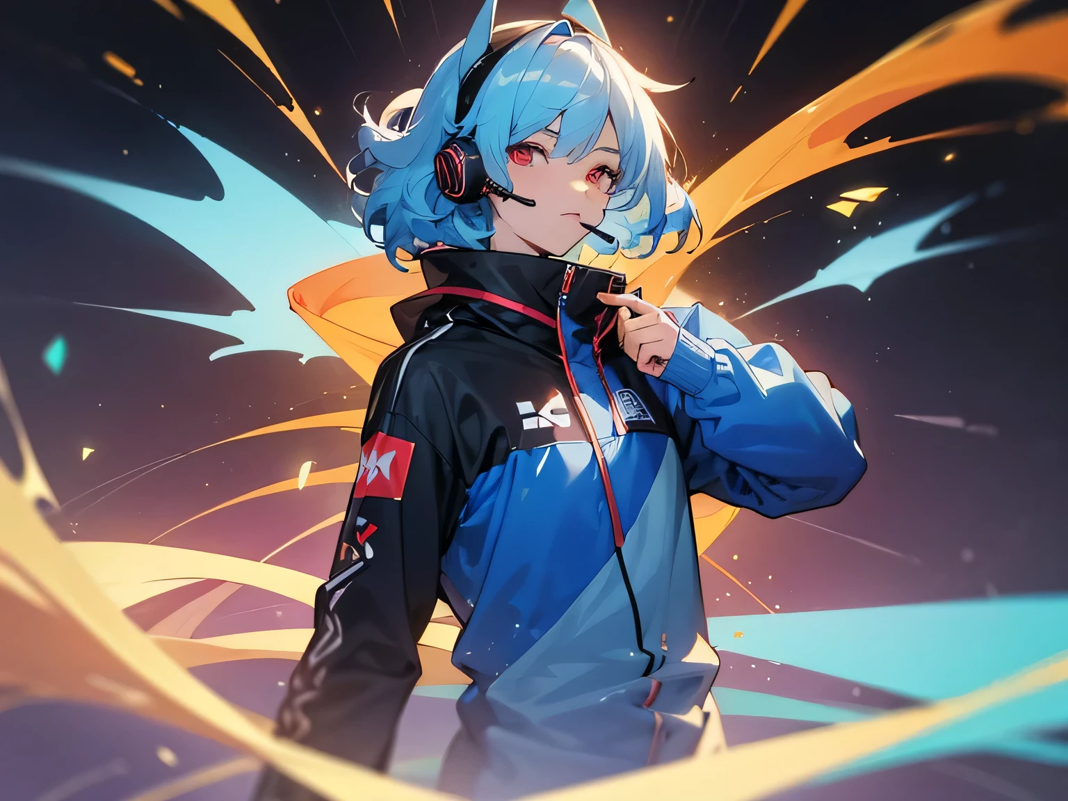 gaming headset, Sky blue hair, perfect red eyes, Perm hair, sportwear, Man with a, Healing