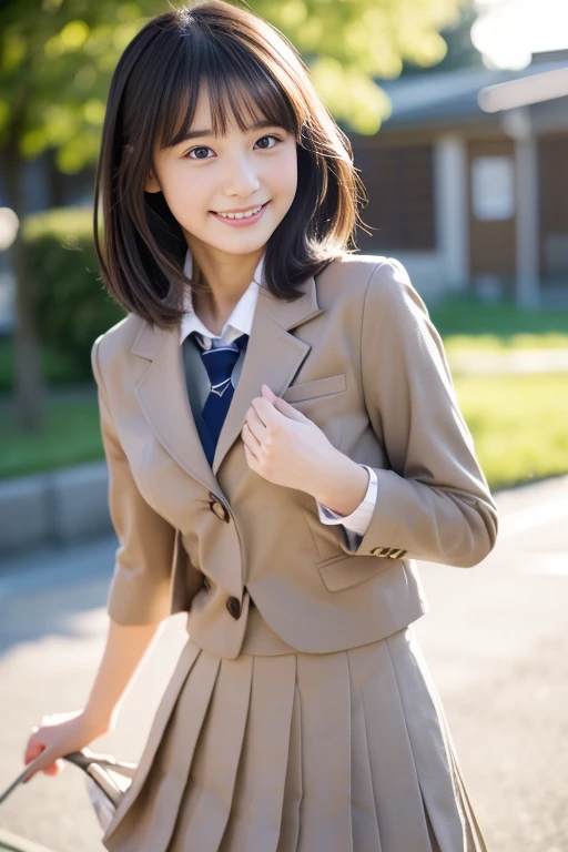 (((​masterpiece))),  (One beautiful Japan girl, classmates, Innocence，kawaii) ，超A high resolution, Realistic, ultra-detailliert, 8K,top-quality, Extremely detailed, Detailed background,A slender,very beautiful japanese girl, Detailed face:1.3), (short-haired，A dark-haired :1.4), (a baby face，kawaii系,adorable 14 year old girl), (Perfect body:1.1),  (Brown blazer, Light brown pleated mini skirt), Provocative smile,Show your beautiful teeth,Super Detailed Face、Detailed lips、A detailed eye、small gravure idol，Transparent skin、Lori，Japanese high school uniform with the school emblem on the chest、Hold back the skirt that rolls up，Focus on the buttocks，Skirt flipping in the wind、kawaiiパンティが見える