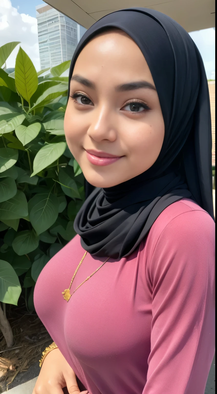 RAW, Best quality, high resolution, masterpiece: 1.3), beautiful Malay woman in hijab,Masterpiece, perfect  fit body, ((Huge breast)), biggorgeous eyes, Soft smile,muslim woman in a plain long sleeve shirt and hijab posing for a picture, hijab, with lovely look, with beautiful colors, with accurate face, pose 4 of 1 6, traditional beauty, batik, wearing beautiful clothes, beutifull, with beautiful exotic, attractive pose, cute pose, scarf, wearing plain chiton, very attractive , she is smiling,Delicate turtleneck, necklace, shairband, afternoon walk, City garden, Excellent lighting, Bright colors, Clean lines