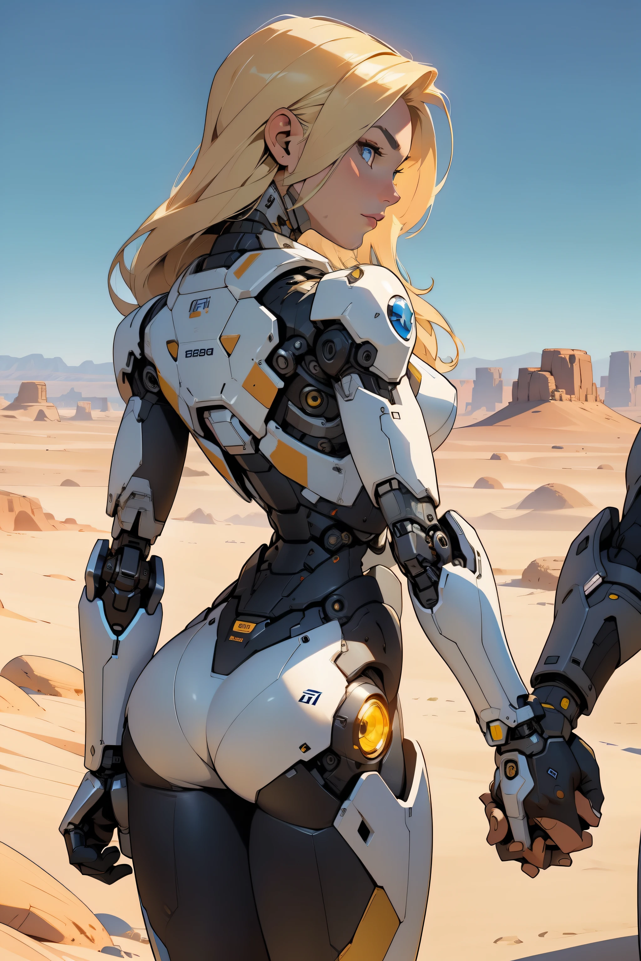 high quality, 4k, masterpiece, beautiful, cyborg girl, cowboy shot, dull eyes, back side, turning around to look at viewer, long blonde hair, girl, small breasts, fit thigh, robotic arms, robotic body, cyborg body, yellow accent, redaccent, intricate detail, joint, detailed lines, robotic detail, holding fist up, holding hand up as fist, color robotic parts, robotic parts with color, perfect fingers, on a desert planet, sunny background, colorful desert,