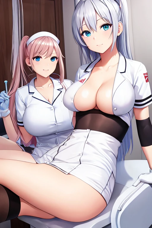 nurse uniform,hospital, latex nurse suit,nurses,busty,elbow gloves,labcoat,silverhair woman,azure eyes , gigantic boobs ,medical instruments,asian nurse,two nurses,speculum,examination room,oversize boobs, ,big ass ,strap on, lay on table ,legs spreaded,giving birth,gyno chair , dentist,Milf