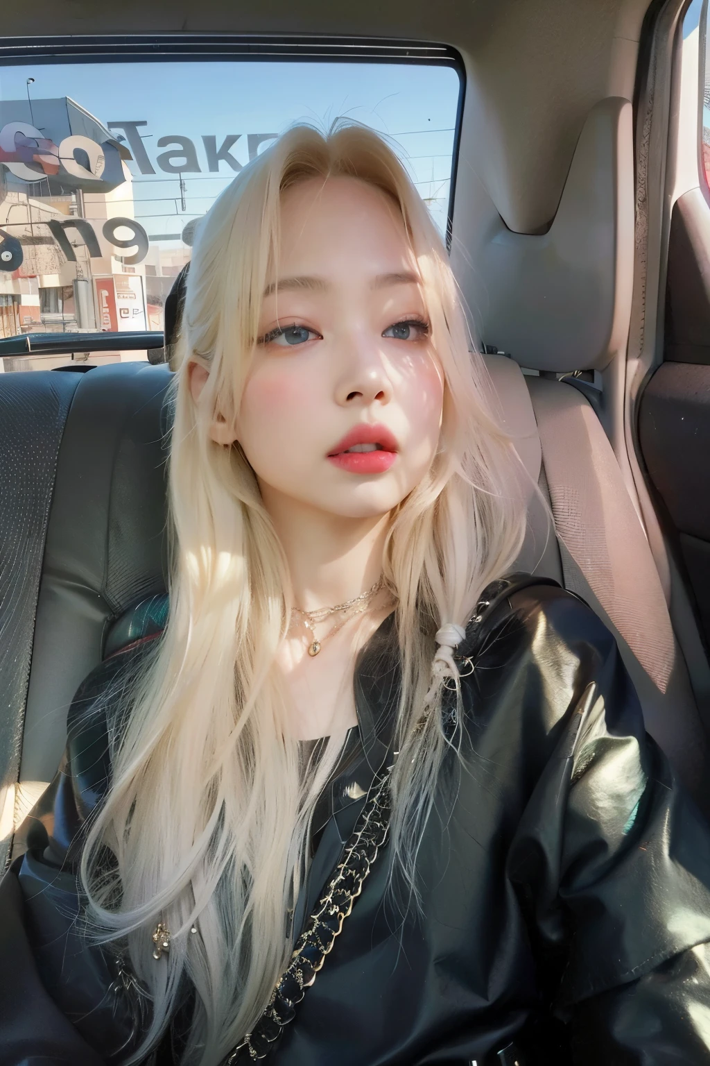 A close-up of a person sitting in a car with a cell phone, extremely pale blond hair, cabello rubio muy, very pale, Cabello largo y blanco y flequillo, Lalisa Manobal, Retrato de Kim Petras, pale porcelain white skin, Ava Max, pale fair skin!!, con pelo largo blanco, albino white pale skin, flequillo blanco, pale, shiny skin