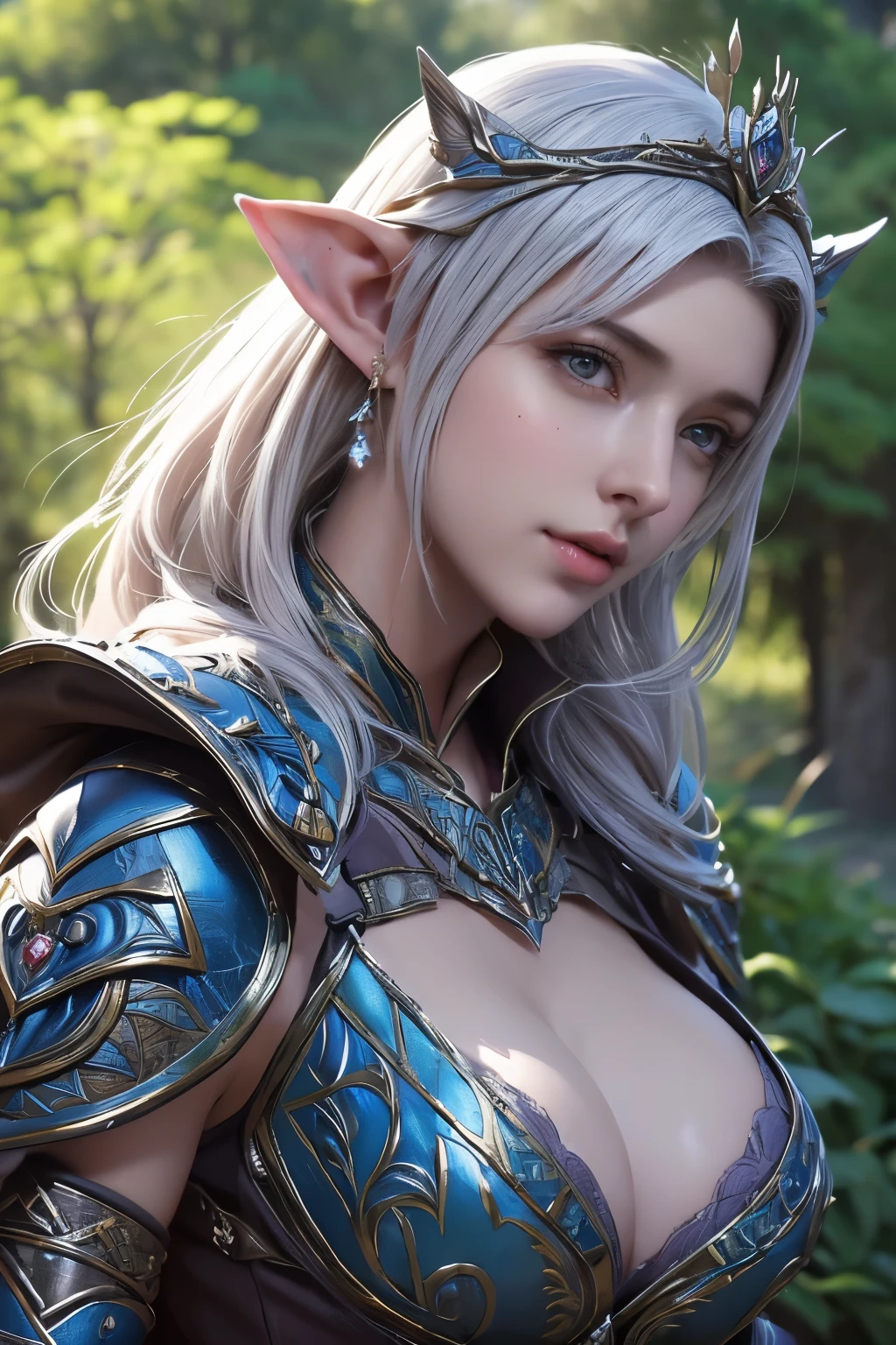 Masterpiece,The best qualities,Very high resolution,8K,((Portrait)),((Head close-up)),Original photo,real photo,digital photography,(Female mercenaries in medieval fantasy works),(The adventurers of the medieval fantasy world),22-year-old girl,(The Purple Eye of the Devil),Devil's Corner,((Pointy ears)),(Short White Hair),(Pointy ears),cparted lips,Noble and charming,Elegant and serioave,(Medieval fantasy-style animal skin armor,Buckles,Joint Armor,Cloak,A glowing gem,A delicate pattern),(Big breasts),(The Elven Archer),medieval characterantasy style,Mysterious light,forest backgrou,Photo pose,oc render reflection texture
