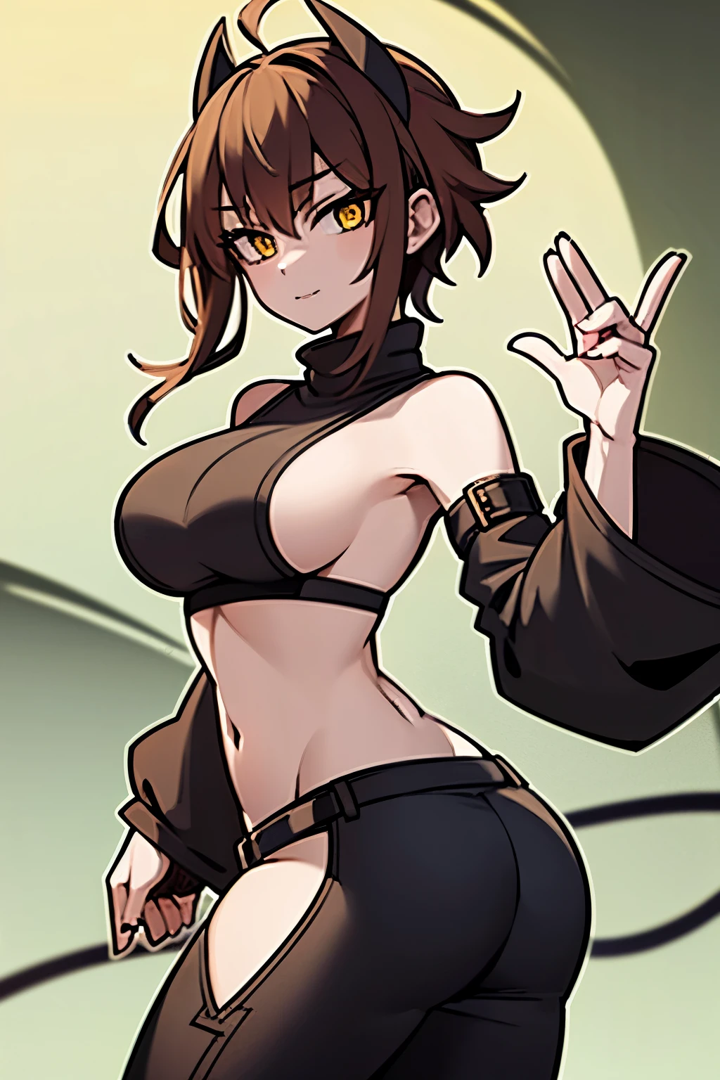 short (messy hair) (masterpiece), best quality perfect face beautiful girl, feminine, defined curves, cinematic, aesthetic, shadows, gorgeous, amazing, cute girl (busty) medium breasts (perky) (large ass) (bubble butt) barefoot, brown hair, detached sleeves bare shoulders, defined abdomen, sleeveless (thick thighs), (masterpiece), best quality, expressive eyes, (yellow eyes:1.3) ringed eyes, white sweater, turtleneck sweater, sideboob, black jacket, tight black shorts