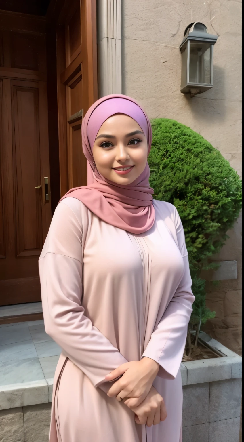 RAW, Best quality, high resolution, masterpiece: 1.3), beautiful Malay woman in hijab,Masterpiece, perfect fit body, ((Huge breast)), biggorgeous eyes, Soft smile,muslim woman in a plain long sleeve shirt and hijab posing for a picture, hijab, with lovely look, with beautiful colors, with accurate face, pose 4 of 1 6, traditional beauty, batik, wearing beautiful clothes, beutifull, with beautiful exotic, attractive pose, cute pose, scarf, wearing plain chiton, very attractive , she is smiling,Delicate turtleneck, necklace, shairband, afternoon walk, City garden, Excellent lighting, Bright colors, Clean lines