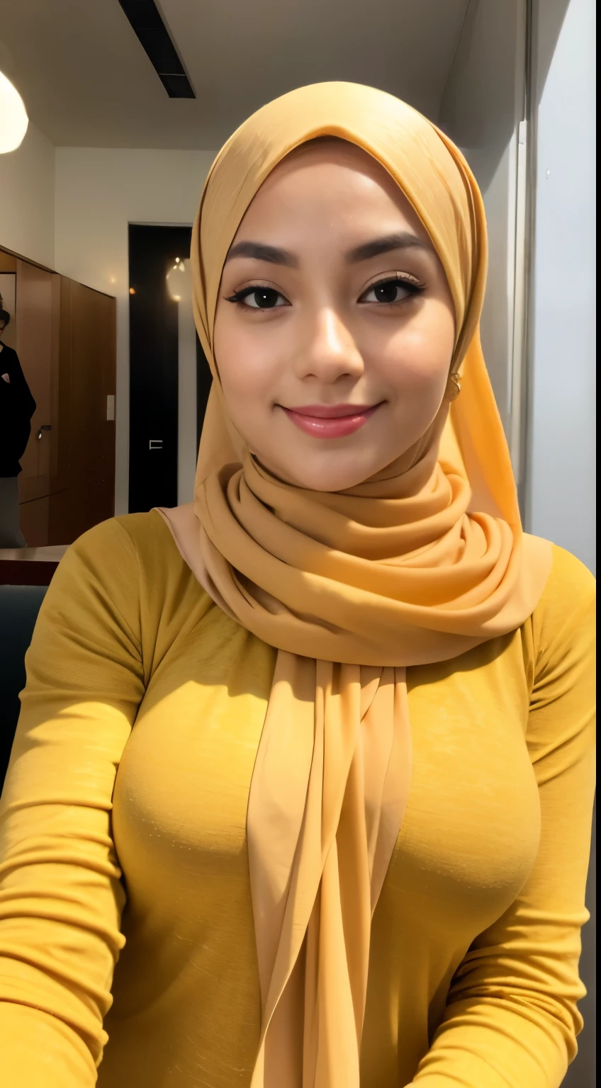 RAW, Best quality, high resolution, masterpiece: 1.3), beautiful Malay woman in hijab,Masterpiece, perfect  fit body, ((Huge breast)), biggorgeous eyes, Soft smile,muslim woman in a plain long sleeve shirt and hijab posing for a picture, hijab, with lovely look, with beautiful colors, with accurate face, pose 4 of 1 6, traditional beauty, batik, wearing beautiful clothes, beutifull, with beautiful exotic, attractive pose, cute pose, scarf, wearing plain chiton, very attractive , she is smiling,Delicate turtleneck, necklace, shairband, afternoon walk, City garden, Excellent lighting, Bright colors, Clean lines