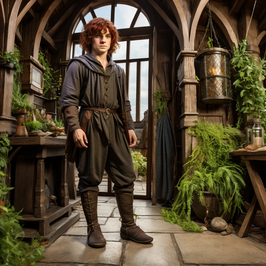 A short male hobbit, with "short red hair", "dark medieval merchants outfit ", "green eyes", wearing a , full body pose,