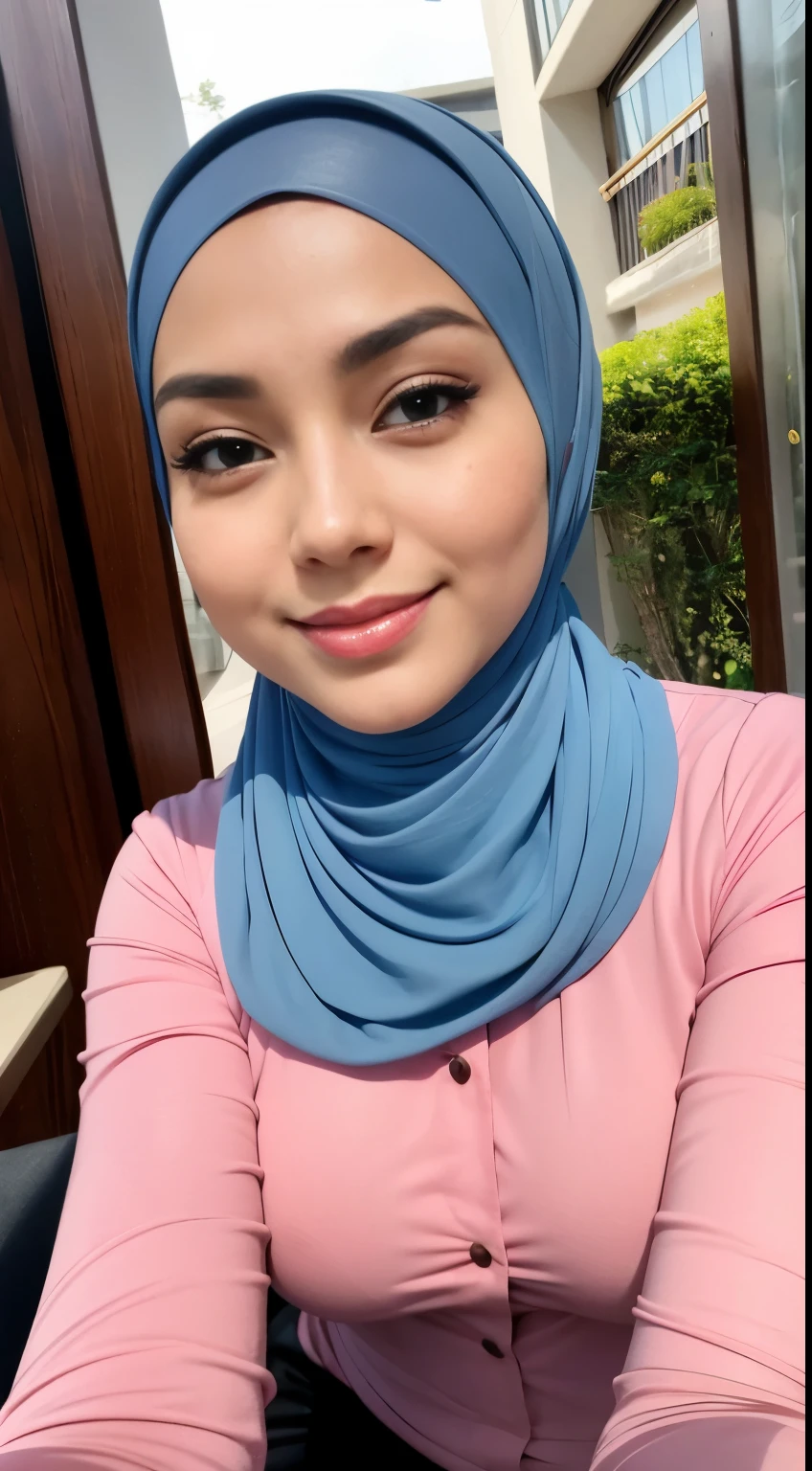 RAW, Best quality, high resolution, masterpiece: 1.3), beautiful Malay woman in hijab,Masterpiece, perfect fit body, ((Huge breast)), biggorgeous eyes, Soft smile,muslim woman in a plain long sleeve shirt and hijab posing for a picture, hijab, with lovely look, with beautiful colors, with accurate face, pose 4 of 1 6, traditional beauty, batik, wearing beautiful clothes, beutifull, with beautiful exotic, attractive pose, cute pose, scarf, wearing plain chiton, very attractive , she is smiling,Delicate turtleneck, necklace, shairband, afternoon walk, City garden, Excellent lighting, Bright colors, Clean lines
