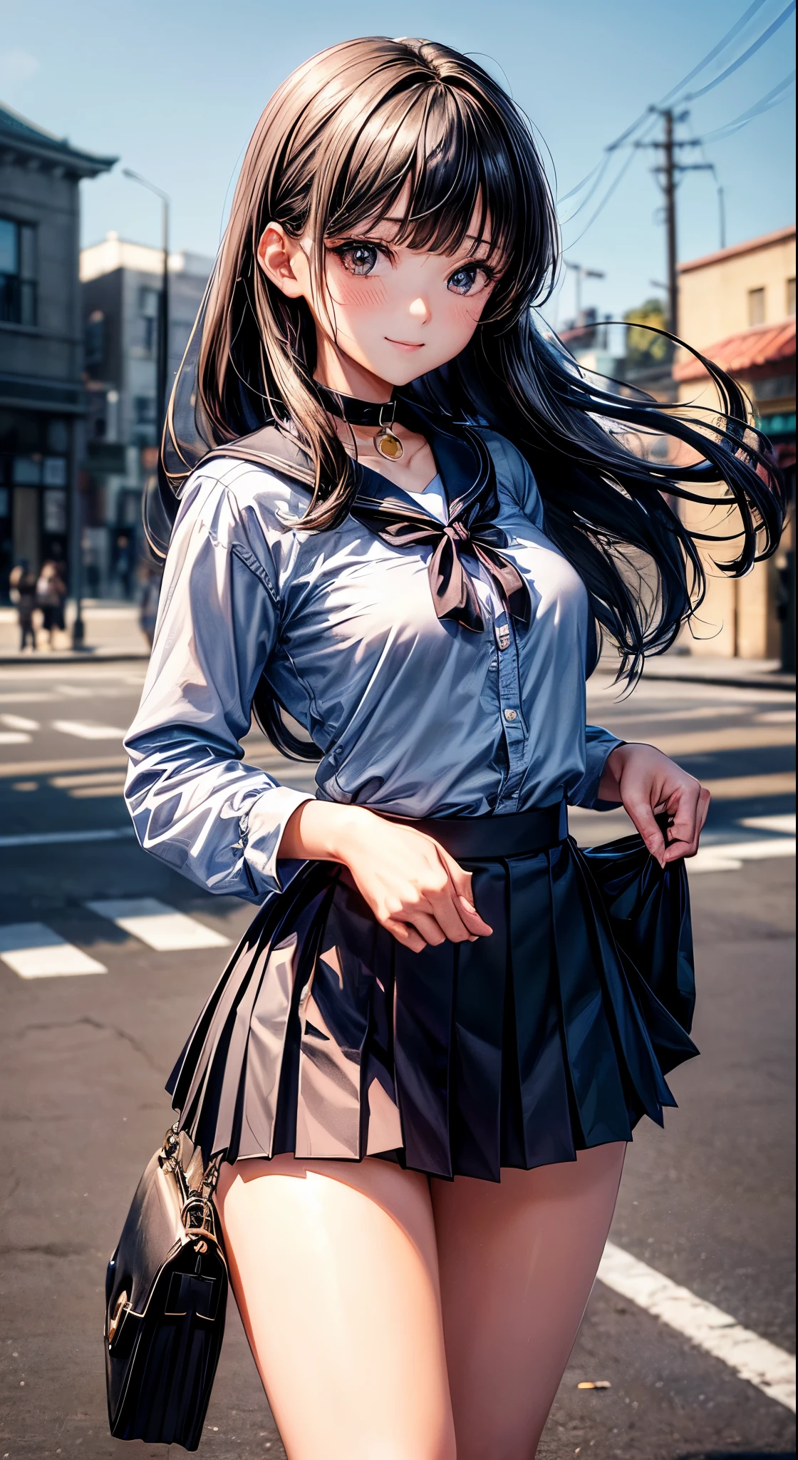 (Official art、Best Quality、Unity 8k Wallpapers、32K、 masterpiece、ultra-detailliert、High resolution,Perfect Anatomy),(natural soft light:1.2),Detailed beautiful face and eyes,cowboy shot,(focus 1woman,solo),25-year-old beauty、japanes, (black hair,long hair,blunt bangs,black eyes),a smile,(smaller head:1.3,ideal ratio body proportions:1.3,skinny:.1.2,tiny breasts),(navy blue collar:1.3,Navy pleated mini skirt:1.3)、Combat boots、In the street、