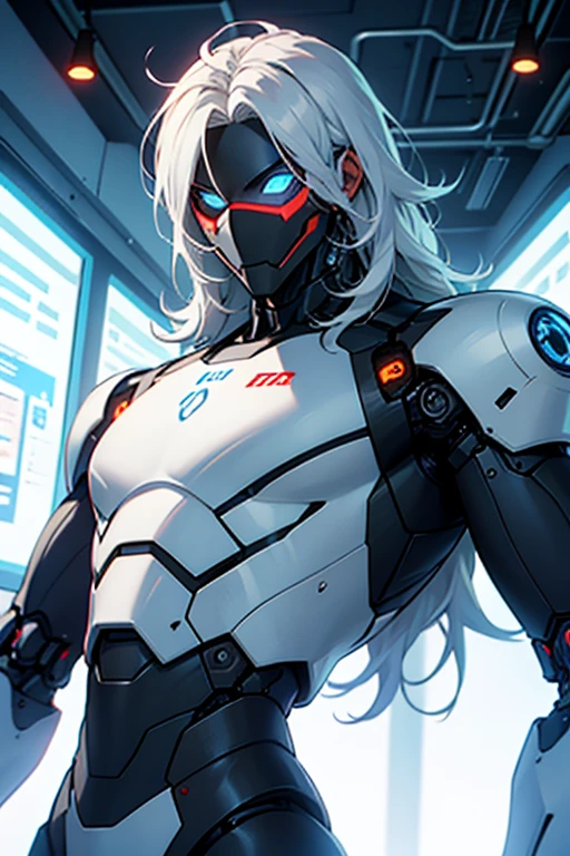 A boy, ciborg, with white and blue clothes, messy long white hair, robotic arm, robotic mask