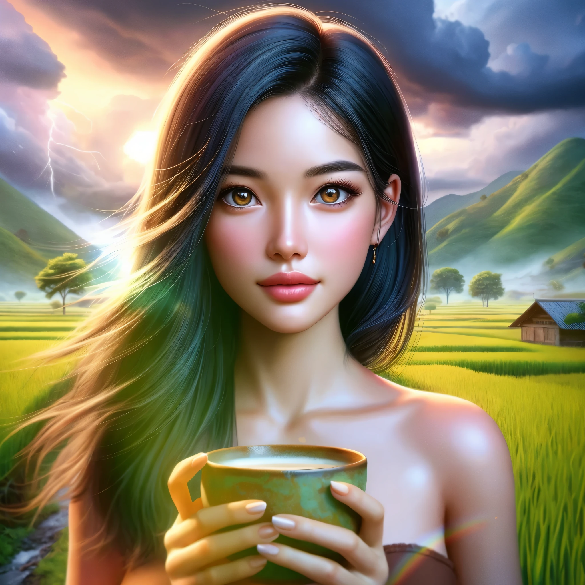 painting of a woman holding a cup of coffee in a field, beautiful digital artwork, 4k highly detailed digital art, 4k detailed digital art, realistic digital art 4 k, realistic digital art 4k, stunning digital illustration, beautiful art uhd 4 k, beautiful digital illustration, cute detailed digital art, beautiful digital art, detailed painting 4 k, a beautiful artwork illustration