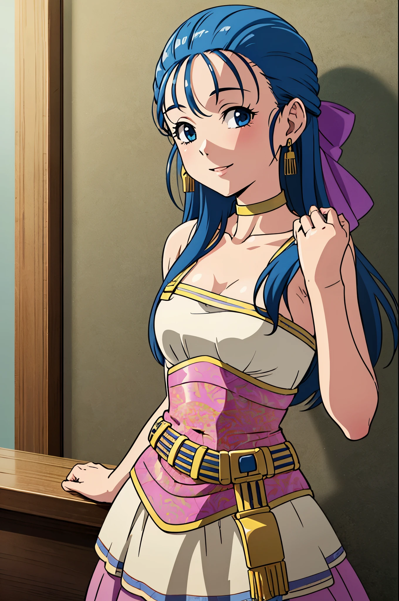 fullnude,Armpit show,flora \(DQ5\),Long hair,half updo,pink bows,earrings,Choker,(Dress:1.2),corsets,(Belt bag:1.2),手链,Skirt,white thighhig,shoes, 1girl in, Solo, Upper body, face to the viewer, Looking at Viewer, Smile,