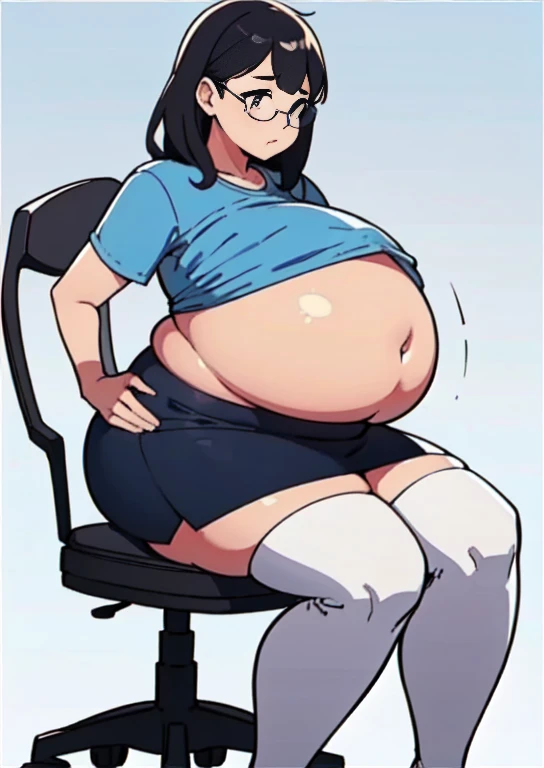 (masterpiece, best quality), 1girls, big belly, blurry background, huge belly, art by kipteitei, round belly, chubby, curvy, white button-up shirt, skirt, thighhighs, simple_background, gradient_background, belly bursting out of shirt, belly grab, enormous belly, fat belly, thicc, bigger belly, sitting on chair, really big belly, jiggly belly, shirt covering belly, belly cover by shirt, glasses