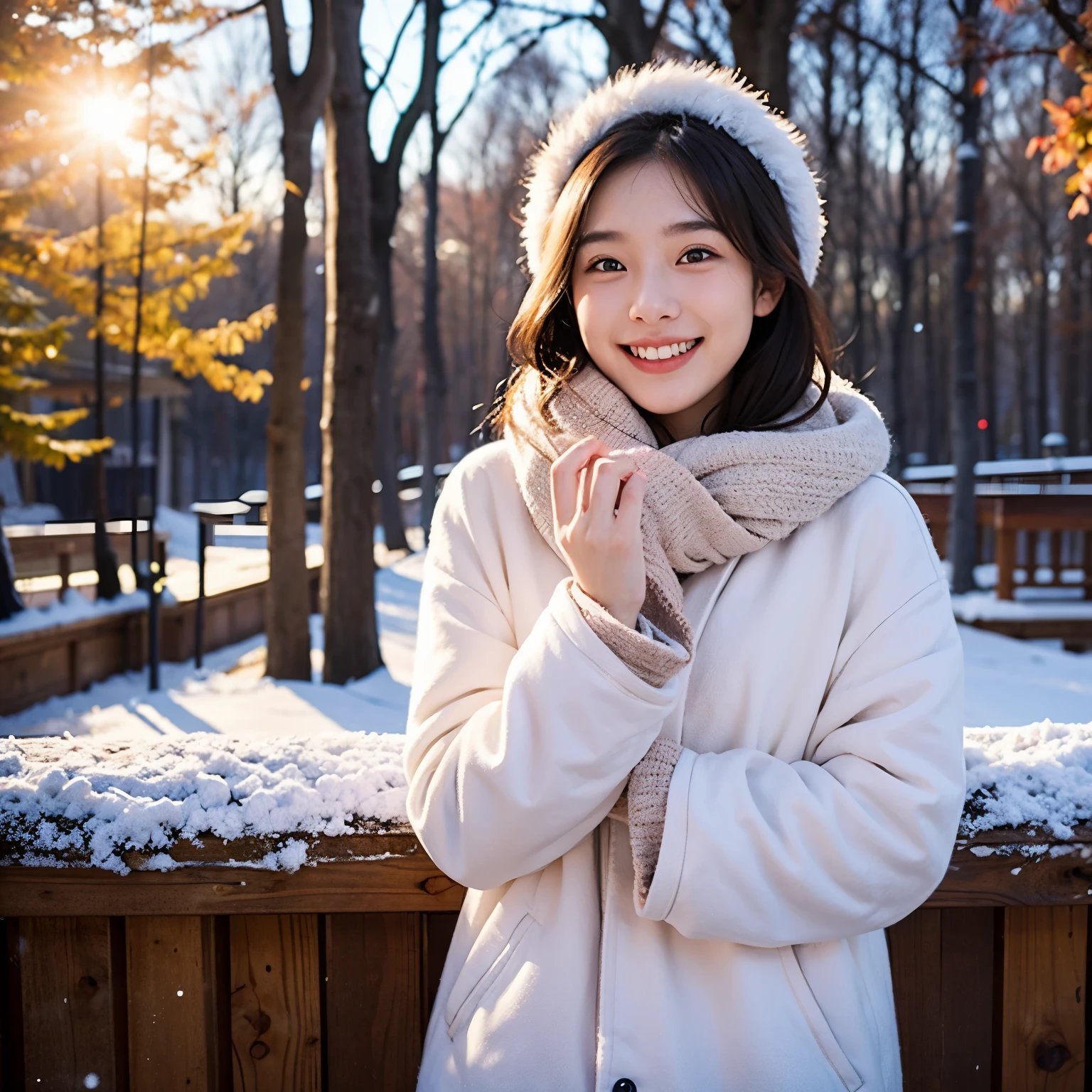 dreamy ambiance、20yr old、endearing、Show your teeth and smile、Refreshing atmosphere、facing front、Winter scene、Winter clothes、