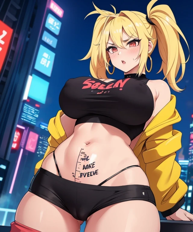 1girl,  (((bimbo))),hoop earrings, big puffy lips, painted lips, thick lips. 
Blonde hair, short twintails, grumpy, wide hips, thick thighs, perky breasts, bursting breasts, Nightlife, Night city, Cyberpunk city, futuristic cityscape. Neon lights, (skyscraper:1.1), Tokyo tower, palm tree, cloth sign, ramen stall, night club. bright city lights, exotic car. alcohol, bar, ramen, soup stall ,alcohol bottles, stomach blush, overflowing breasts, rounded stomach, pubic tattoo, word underbelly tattoo, cameltoe, gym shorts, sexy dolphin shorts, low hanging shorts, slutty yellow jacket, vagina liquid running down between thighs, no panties, pussy juice in between thighs, legs slightly apart, ruler tattoo, ruler tattoo with heart on top, pants fly open