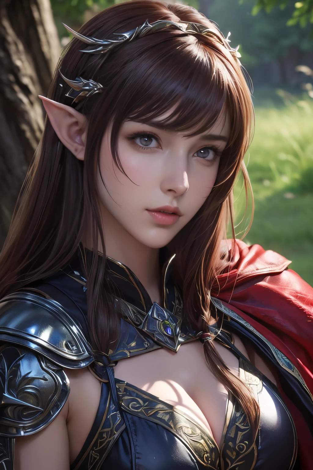 Masterpiece,The best qualities,Very high resolution,8K,((Portrait)),((Head close-up)),Original photo,real photo,digital photography,(Female mercenaries in medieval fantasy works),(The adventurers of the medieval fantasy world),22-year-old girl,(The Purple Eye of the Devil),Devil's Corner,((Pointy ears)),(Short red hair,A bunch of bangs),(Pointy ears),cparted lips,Noble and charming,Elegant and serioave,(Medieval fantasy-style animal skin armor,Buckles,Joint Armor,Cloak,A glowing gem,A delicate pattern,Red),(Big breasts),(The Elven Archer),medieval characterantasy style,Mysterious light,forest backgrou,Photo pose,oc render reflection texture