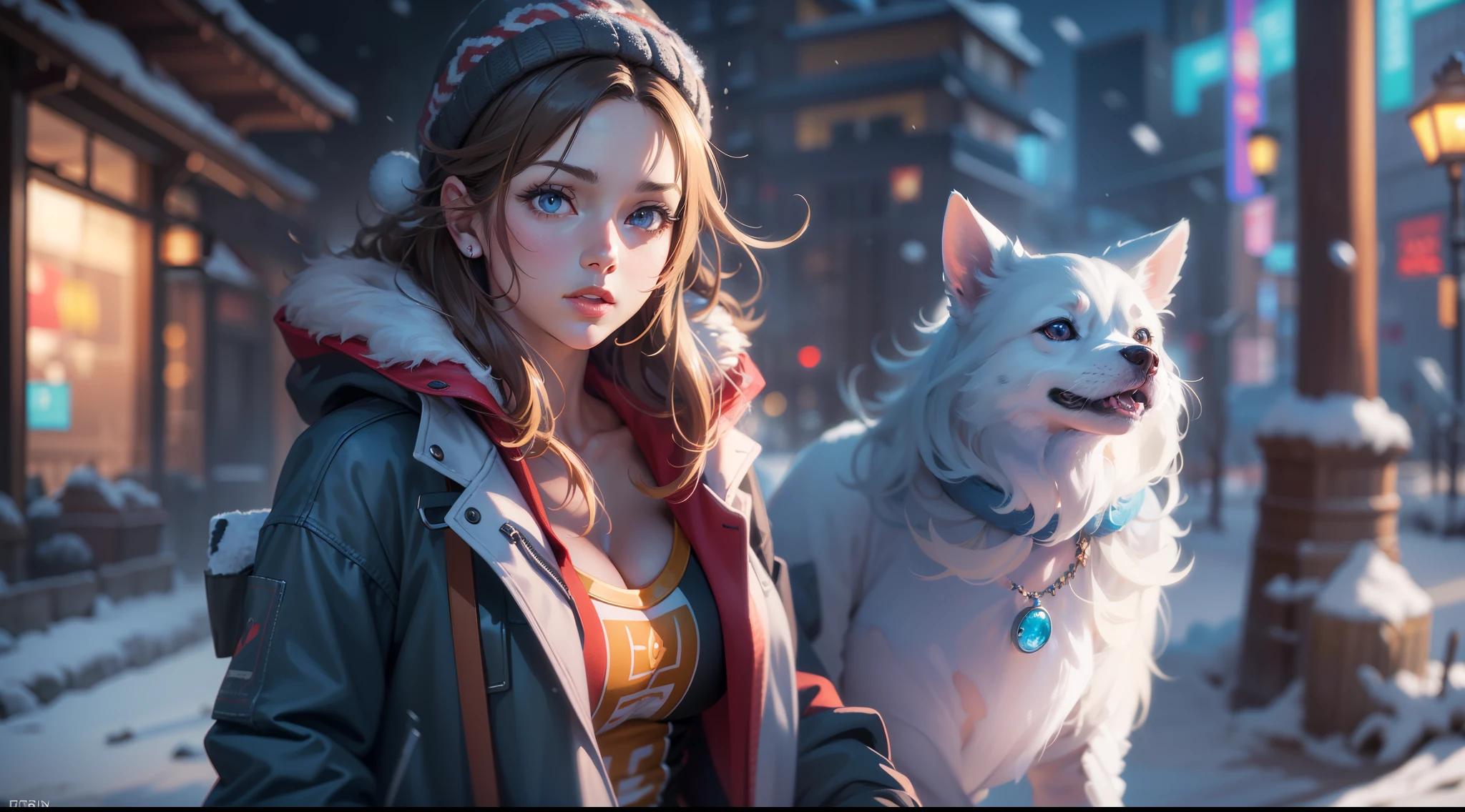 full body portrait of a photo realistic beautiful girl, 1 girl, facing forward, waifu, flowing hair, short modern winter clothing, big beautiful flirtateous open eyes, standing straight, cinematic lighting, winter snow holiday setting, highly detailed, digital painting, trending on artstation, pixiv, concept art, sharp focus, illustration, art by ross tran and wlop, Glowing eyes, Best quality, good lighting, large breasts with cleavage, seductive face, Masterpiece, highres,sharp focus,(ultra detailed,extremely detailed),(photorealistic artwork:1.37),(extremely detailed CG unity 8k wallpaper),(((vibrant colors,vibrant theme))),(intricate),(masterpiece),(best quality), girl is playing with a cute small dog