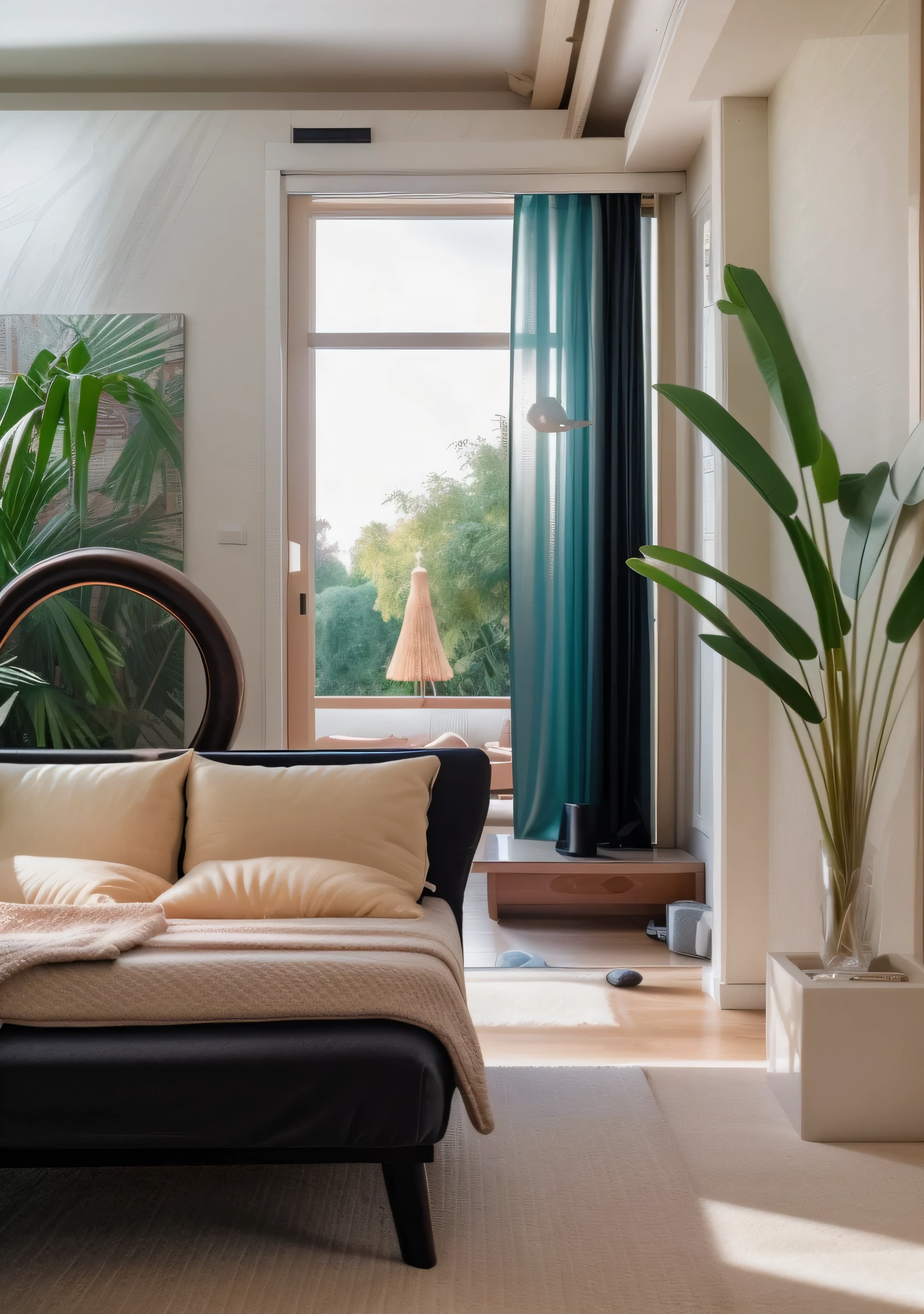 RAW photo, Masterpiece, high quality, best quality, authentic, super detailed, glossy indochina black furniture), minimalist architecture, minimalist bedroom, couch, table, carpet, shelf tv, 1 solid wood door:1.4,((laminated plaster,))), day light)), natural light fromt glass door, archdaily architecture, (high detail: 1.2), 8k uhd, dslr, soft light, high quality, film grain, Fujifilm XT3