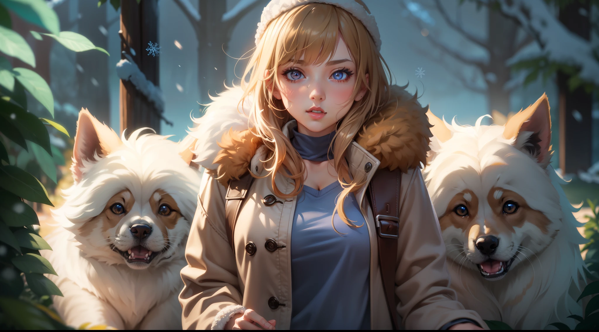 full body portrait of a photo realistic beautiful girl, 1 girl, facing forward, waifu, flowing hair, short modern winter clothing, big beautiful flirtateous open eyes, standing straight, cinematic lighting, winter snow holiday setting, highly detailed, digital painting, trending on artstation, pixiv, concept art, sharp focus, illustration, art by ross tran and wlop, Glowing eyes, Best quality, good lighting, large breasts with cleavage, seductive face, Masterpiece, highres,sharp focus,(ultra detailed,extremely detailed),(photorealistic artwork:1.37),(extremely detailed CG unity 8k wallpaper),(((vibrant colors,vibrant theme))),(intricate),(masterpiece),(best quality), girl is playing with a cute small dog