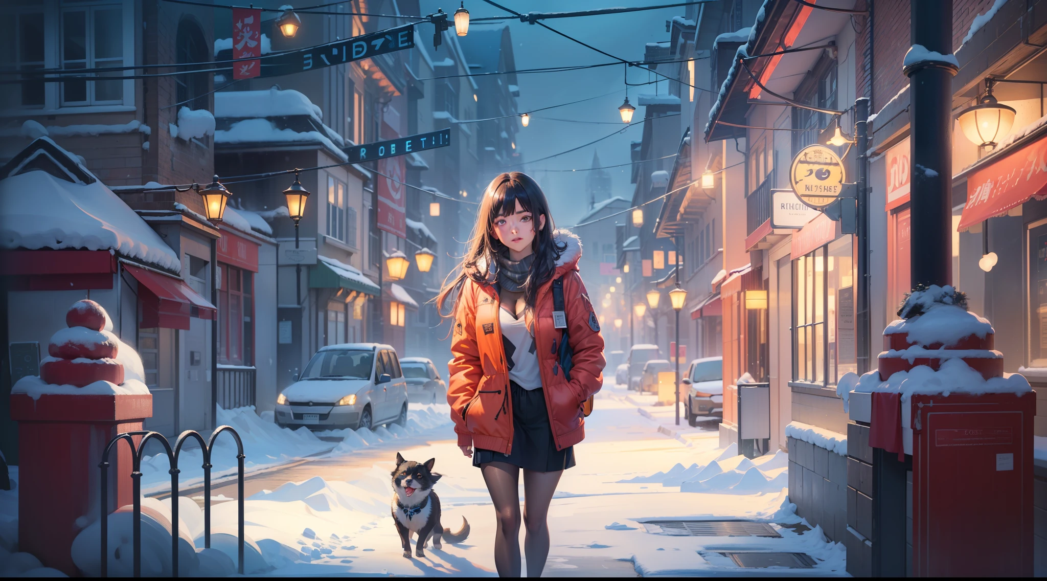 full body portrait of a photo realistic beautiful girl, 1 girl, facing forward, waifu, flowing hair, short modern winter clothing, big beautiful flirtateous open eyes, standing straight, cinematic lighting, winter snow holiday setting, highly detailed, digital painting, trending on artstation, pixiv, concept art, sharp focus, illustration, art by ross tran and wlop, Glowing eyes, Best quality, good lighting, large breasts with cleavage, seductive face, Masterpiece, highres,sharp focus,(ultra detailed,extremely detailed),(photorealistic artwork:1.37),(extremely detailed CG unity 8k wallpaper),(((vibrant colors,vibrant theme))),(intricate),(masterpiece),(best quality), girl is playing with a cute small dog