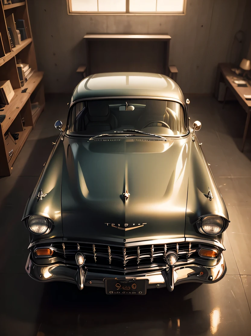((hightquality、hight resolution、masterpiece、foco nítido、photographrealistic、Raw photography、lighting like a movie))、1959 Chevrolet Bel Air、star wheel、Wide wheel、metallic black color、headlight with light、Dark windows、Gold accents、gold trim、sunroof、side exhaust、Fire design on front hood、Black torso、three-quarter front view