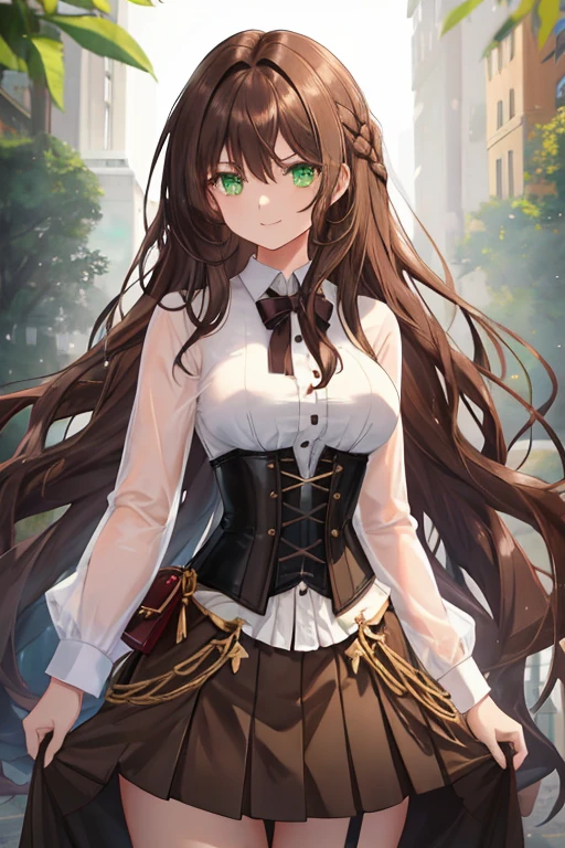 1 girl, dark brown hair, disheveled, long hair, clean hair, green eyes, big white shirt, black corset, brown skirt, medium breasts, sexy, attractive, good-looking, beautiful, perfect face, perfect anatomy, smiling gently, with firm and serious posture