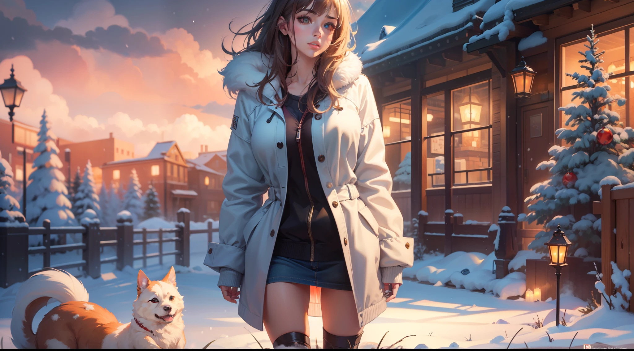 full body portrait of a photo realistic beautiful girl, 1 girl, facing forward, waifu, flowing hair, short modern winter clothing, big beautiful flirtateous open eyes, standing straight, cinematic lighting, winter snow holiday setting, highly detailed, digital painting, trending on artstation, pixiv, concept art, sharp focus, illustration, art by ross tran and wlop, Glowing eyes, Best quality, good lighting, large breasts with cleavage, seductive face, Masterpiece, highres,sharp focus,(ultra detailed,extremely detailed),(photorealistic artwork:1.37),(extremely detailed CG unity 8k wallpaper),(((vibrant colors,vibrant theme))),(intricate),(masterpiece),(best quality), girl is playing with a cute small dog