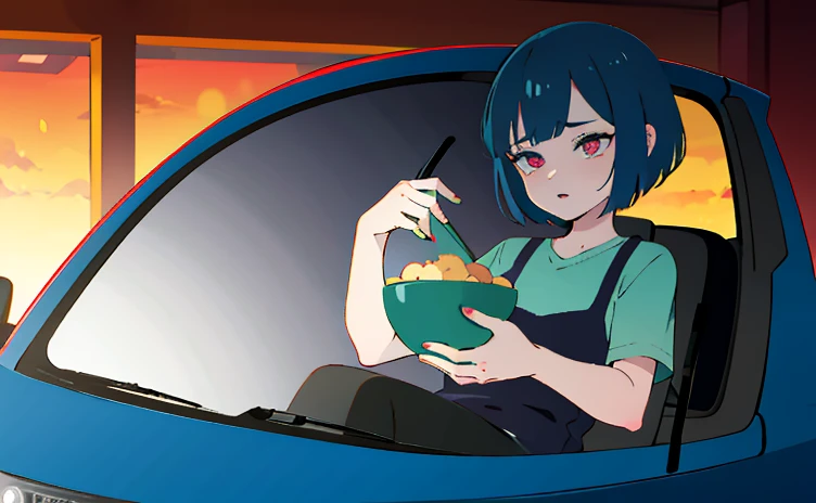 Little Moth Boy sit on Car, dark blue hair, short hair, bowl cut, rolling eyes, devil pupils, 8k
