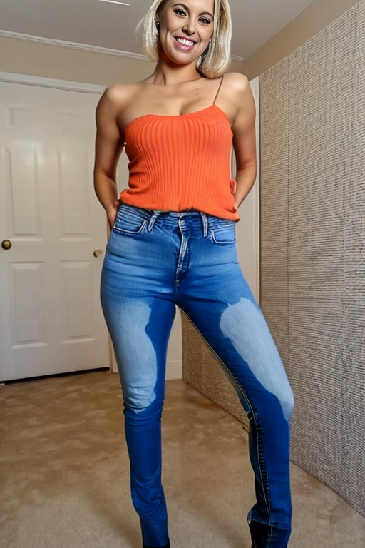 tall thin attractive blonde woman with long legs, blue eyes, messy bob hair, wavy shoulder length hair, tight white blouse and skinny jeans, black high heel pumps, ((show heels)), inviting smile, (peeing self), ((shins wet with pee)), ((jeans gleaming wet with pee)), standing in puddle of pee, (((pee pouring from crotch of jeans))), standing in an office