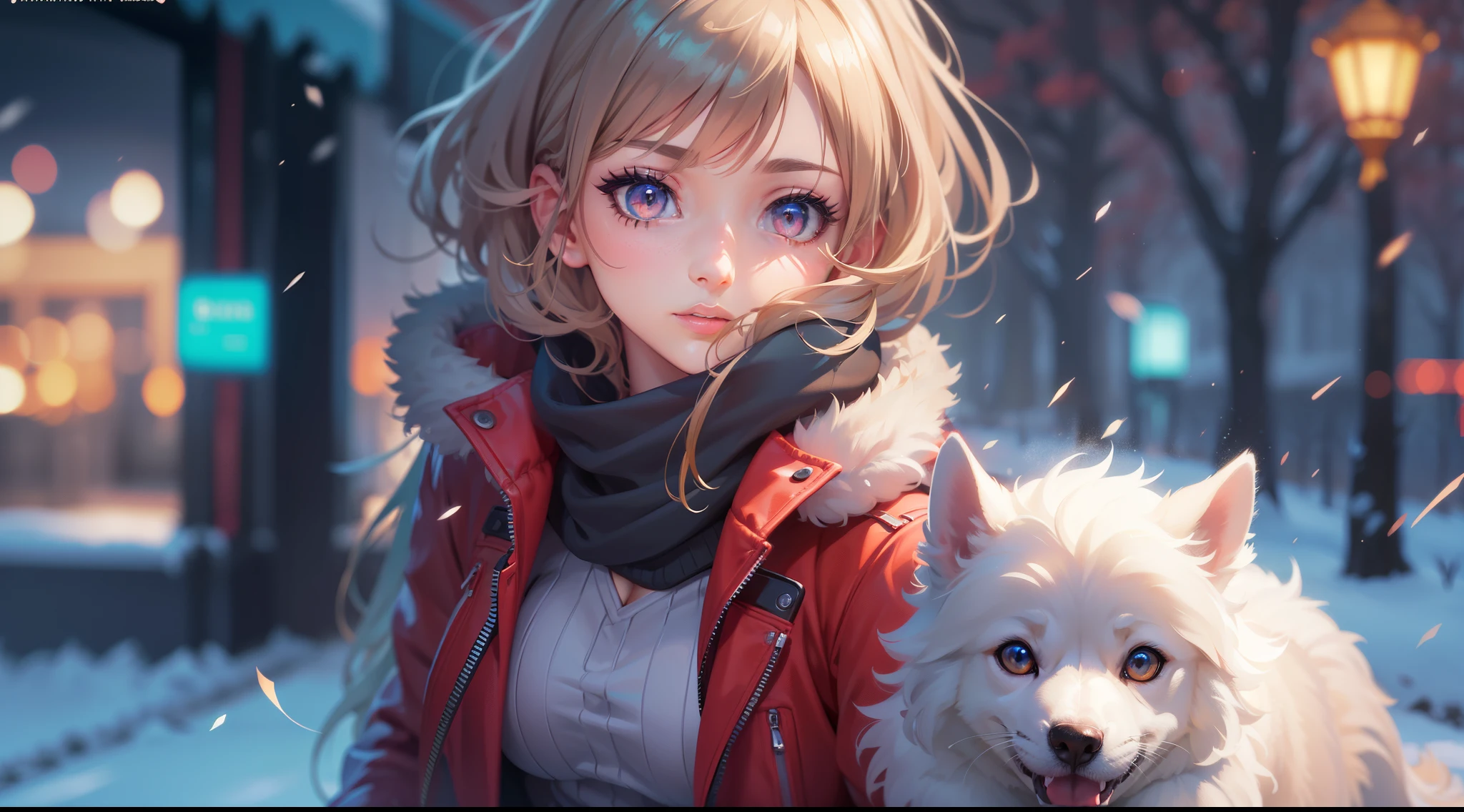 full body portrait of a photo realistic beautiful girl, 1 girl, facing forward, waifu, flowing hair, short modern winter clothing, big beautiful flirtateous open eyes, standing straight, cinematic lighting, winter snow holiday setting, highly detailed, digital painting, trending on artstation, pixiv, concept art, sharp focus, illustration, art by ross tran and wlop, Glowing eyes, Best quality, good lighting, large breasts with cleavage, seductive face, Masterpiece, highres,sharp focus,(ultra detailed,extremely detailed),(photorealistic artwork:1.37),(extremely detailed CG unity 8k wallpaper),(((vibrant colors,vibrant theme))),(intricate),(masterpiece),(best quality), girl is playing with a cute small dog