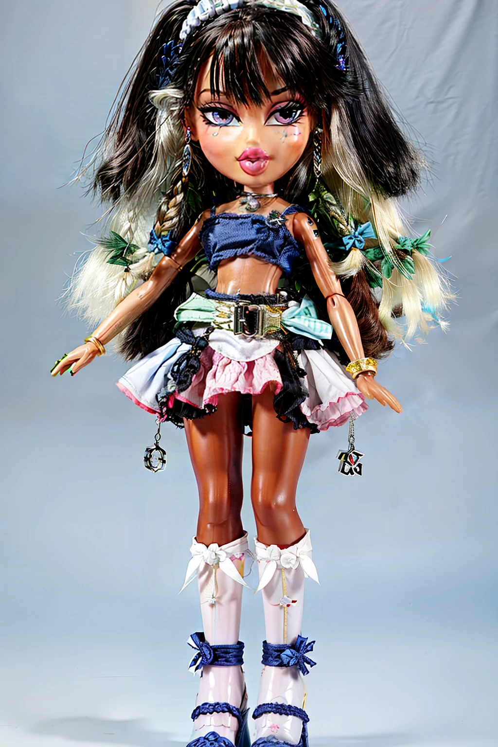 Bratz girl with detailed eyes and big lips and white hair , wearing versace colorful flowers dress , full body , plastic skin , doll joints , ,(masterpiece, top quality, best quality, beautiful and aesthetic:1.2), izayoi_sakuya_touhou, doll, revealing clothes, big head, 1girl, solo, breasts, curvy, wide hips, narrow waist, joints, doll joints, cleavage, bursting breasts, huge breasts, lips, braid, twin_braids, maid_headdress, short_hair, maid, bow, grey_hair, hair_bow, bangs, blue_eyes, ribbon, hair_between_eyes, breasts, apron, green_bow, white_hair, red_eyes, midriff, full body, high heels, thighhighs