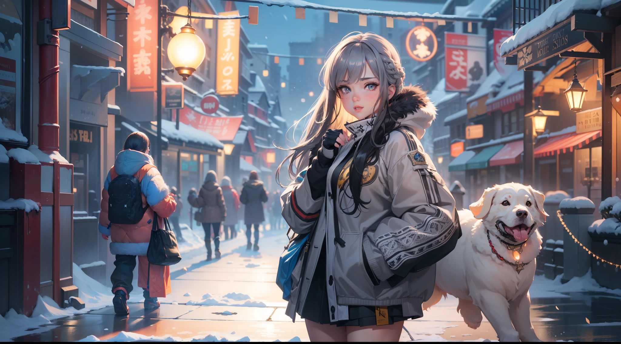 full body portrait of a photo realistic beautiful girl, 1 girl, facing forward, waifu, flowing hair, short modern winter clothing, big beautiful flirtateous open eyes, standing straight, cinematic lighting, winter snow holiday setting, highly detailed, digital painting, trending on artstation, pixiv, concept art, sharp focus, illustration, art by ross tran and wlop, Glowing eyes, Best quality, good lighting, large breasts with cleavage, seductive face, Masterpiece, highres,sharp focus,(ultra detailed,extremely detailed),(photorealistic artwork:1.37),(extremely detailed CG unity 8k wallpaper),(((vibrant colors,vibrant theme))),(intricate),(masterpiece),(best quality), girl is playing with a cute small dog