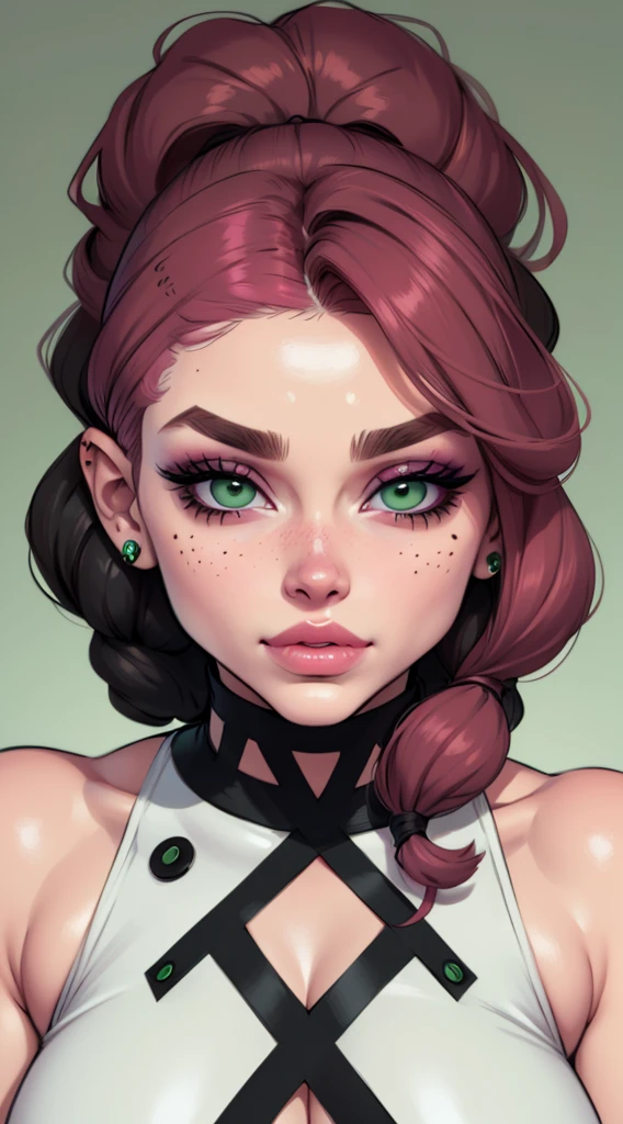 Cara de mujer, piel blanca rosada con pecas, ojos grandes y rasgados color verde, lined eyes and makeup eyelids, small-nose, labios gruesos color rojo, mejillas delgadas con hoyos, large cheekbones, defined chin with chin dimple, cabello corto color negro