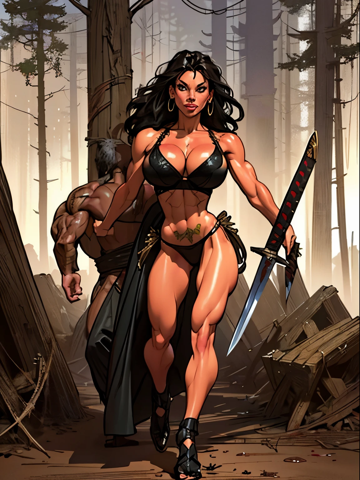 ((Simon Bisley)), Beautiful full-body woman, 30 years old, muscular and perfect body, ((back)), medieval warrior with little clothing, tiny thong, metal bra with spikes, tribal tattoo, arm covered by metallic armor, large breasts, generous neckline, holding a blood-stained sword, brave face, dark kingdom, sexy pose, walking in a forest